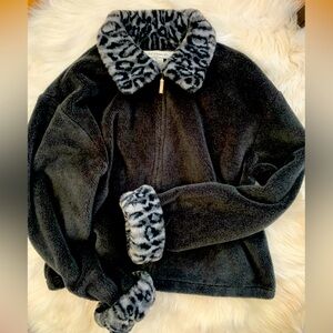 B.C.Clothing Company Black Faux Fur Jacket with Animal Leopard Print Accents XL